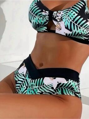 Tropical Leaf High-Waist Bikini Set - Black & Mint